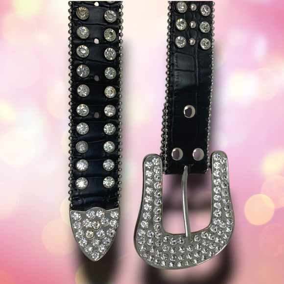 Vintage Nocona Sz S Black Leather Crystal Rhinestone Bling Western Belt Crosses